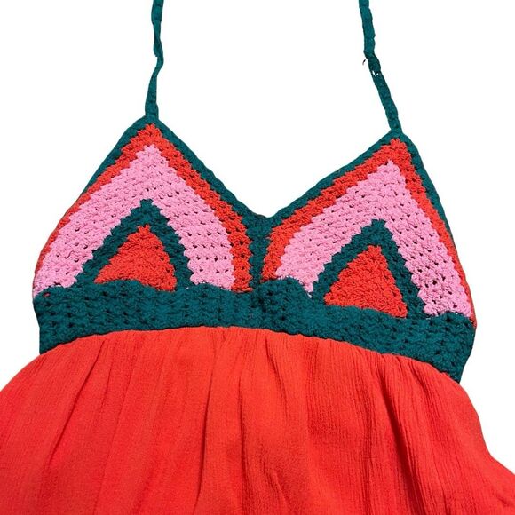 GIANNI BINI CROCHET HALTER MAXI DRESS Vibrant Color summer Summer Pop Sz S -GUC - Picture 3 of 9